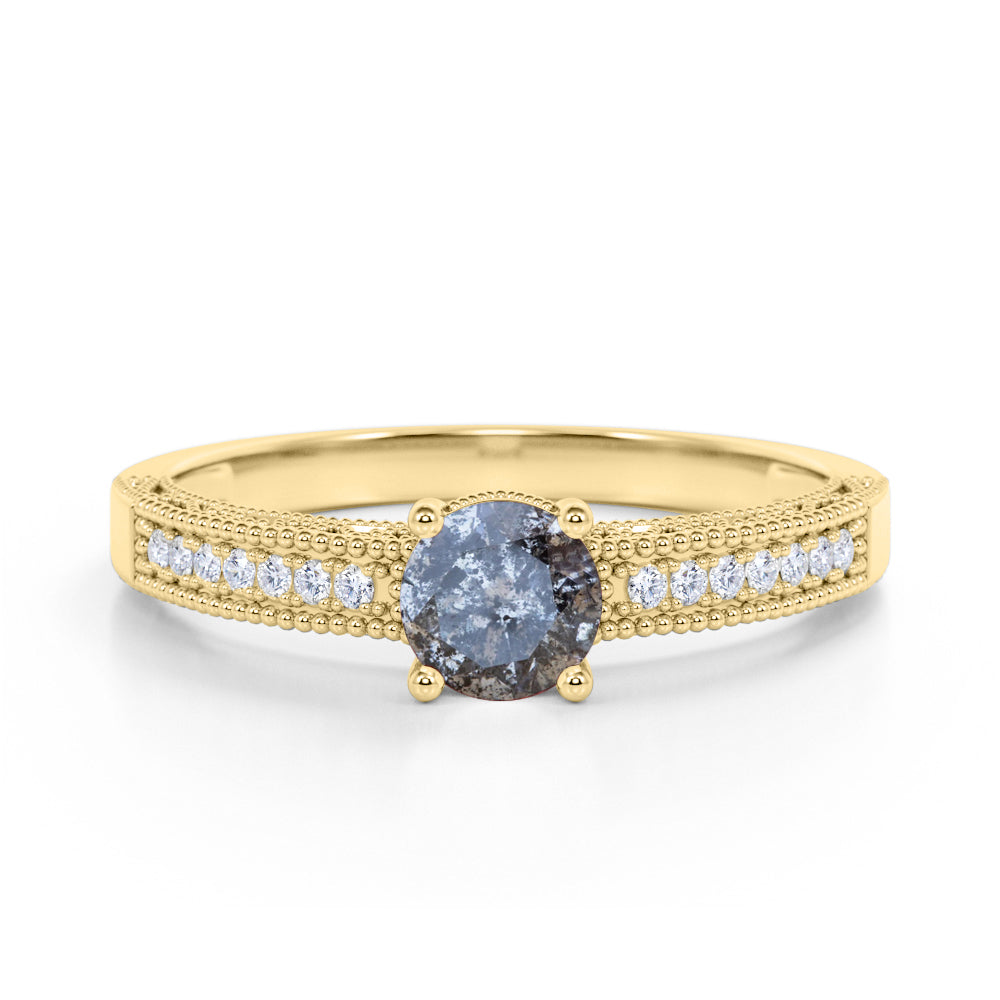 0.65 Carat Round Cut Grey Salt and Pepper Diamond Hand Engraved Engagement Ring in White Gold