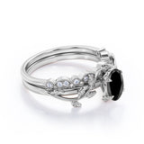 1.25 ct Oval Lab Black Diamond Vintage Leaf Bridal Set