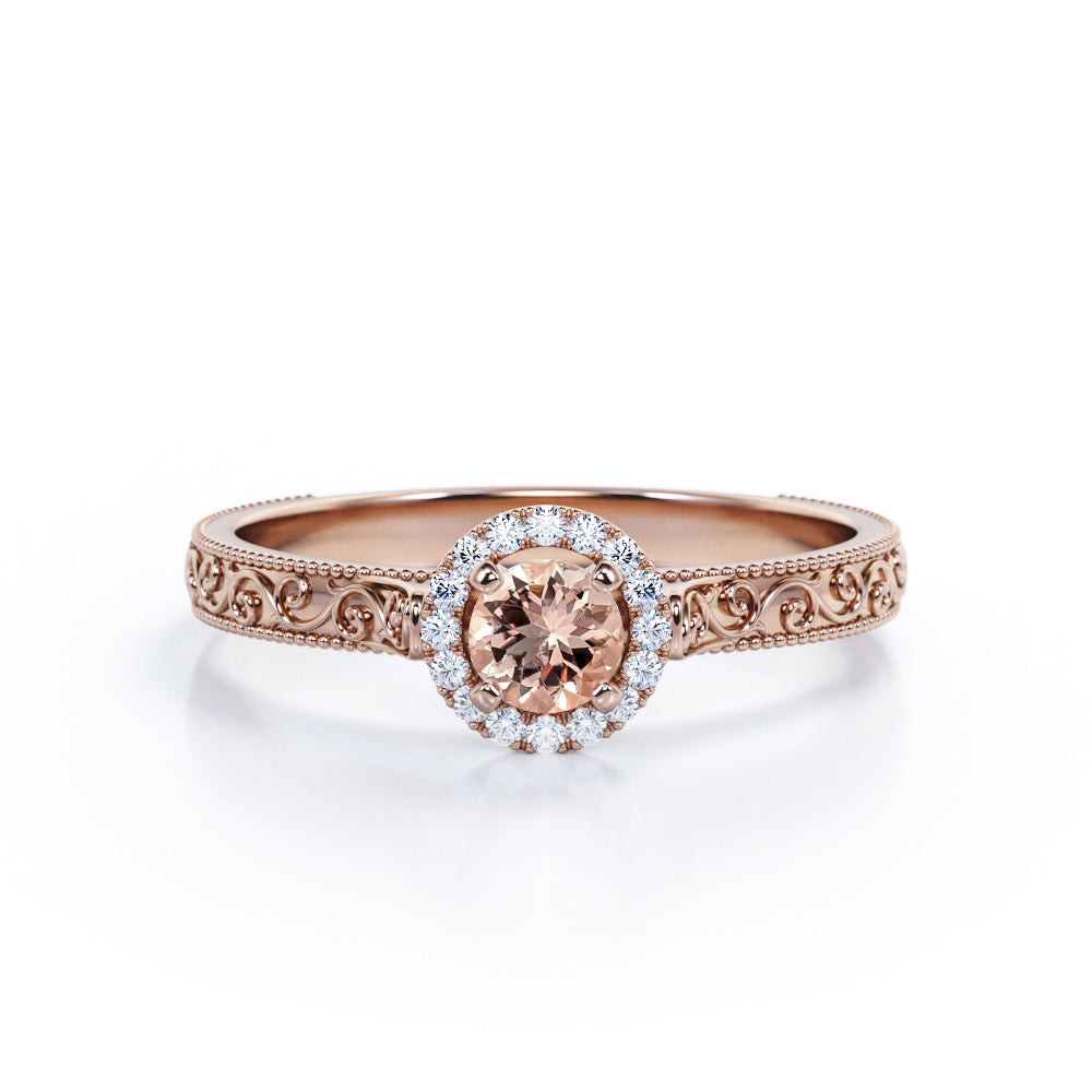 Vintage Scroll Pattern 0.65 carat Round Morganite and Moissanite Bead Décor Engagement Ring in White Gold