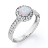 Decorative Halo 1 carat Round Opal and Diamond Milgrain Engagement Ring in White Gold