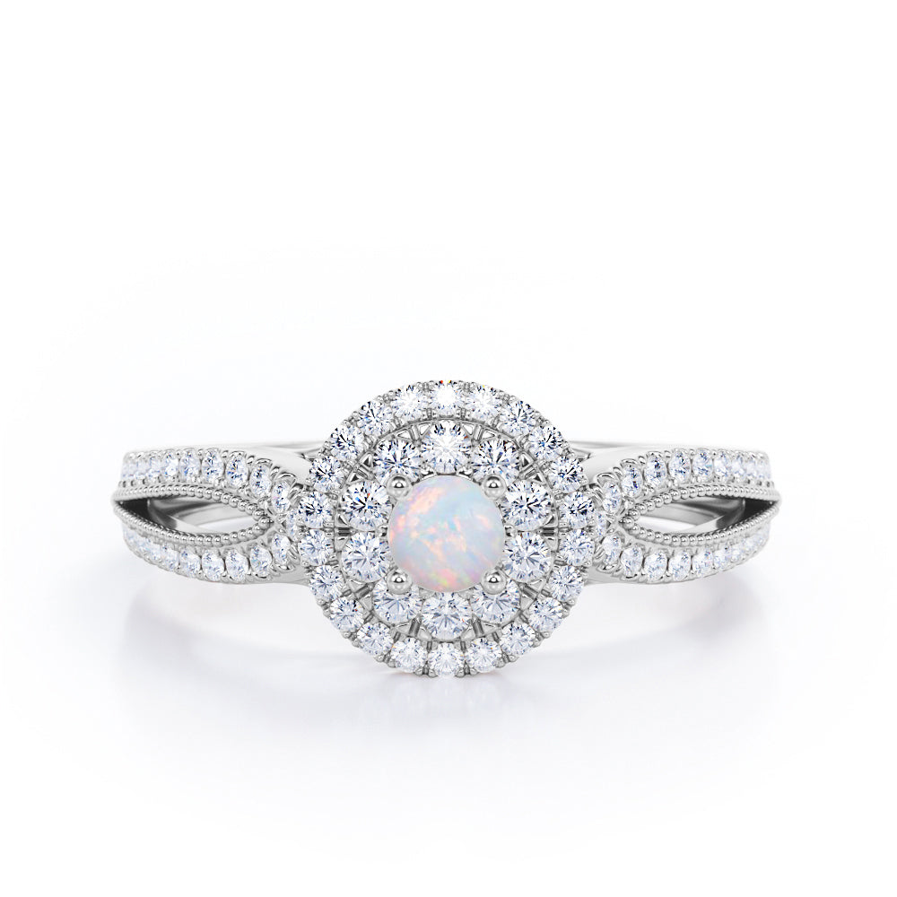 Double Halo Cluster 1.8 Carat Round-Shaped Opal and diamond Split-Shaked Milgrain Pave Engagement Ring in White Gold