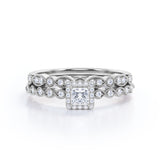 Rope Design Milgrain 0.8 carat Princess Moissanite and Diamond Bridal Set in White Gold