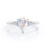 Seven Stone 0.5 carat Pear Moonstone and Diamond Dainty Band Engagement Ring in White Gold