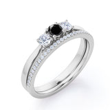 1.45 Carat Round Cut Lab Grown Black Diamond Three Stone Wedding Ring Set In White Gold