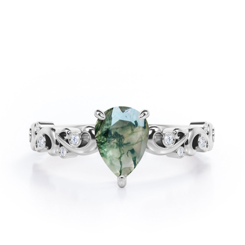 Vintage Style Scroll 0.5 carat Pear Moss Green Agate and Diamond Engagement Ring in Rose Gold
