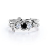 1.25 carat round cut  Black Diamond leaf style bridal set ring in white gold