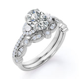 Unique 1.25 carat Oval Moissanite, Pearl and Diamond Vintage Wedding Ring Set in White Gold
