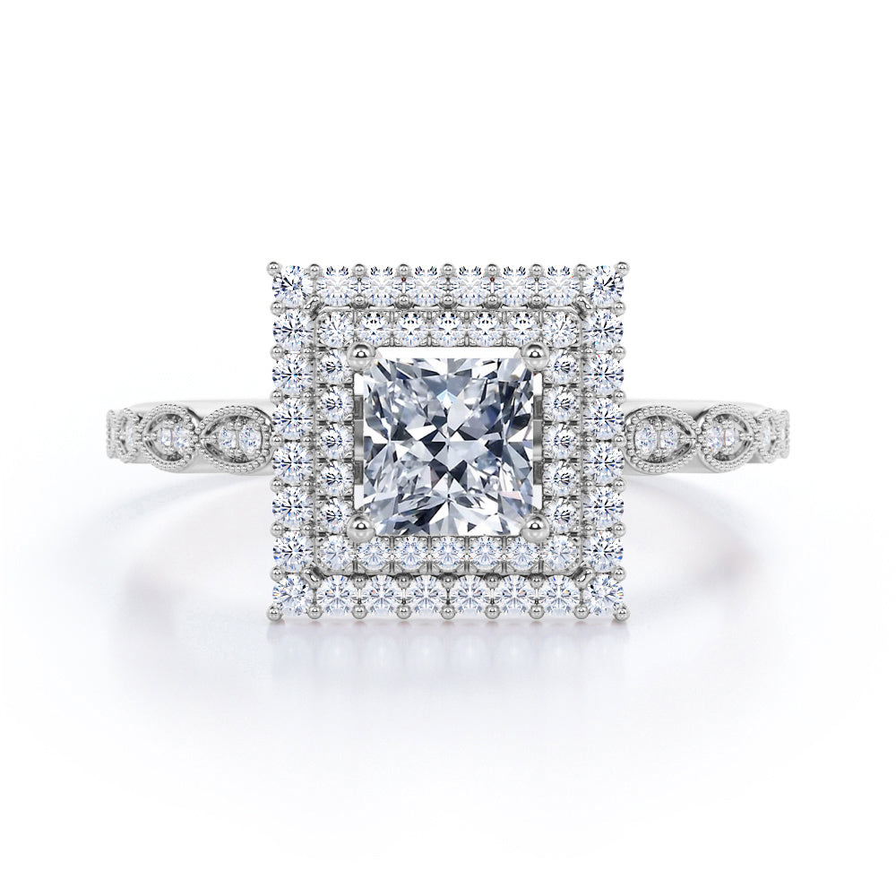 Scalloped 1.1 carat Princess Cut Moissanite and Diamond Engagement Ring in Black Gold