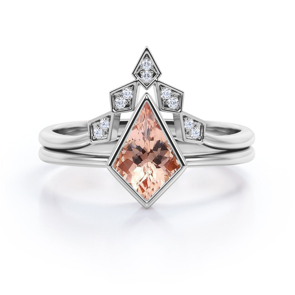 Solitaire Bezel set 1.1 carat Kite Morganite and Moissanite Minimal Wedding Ring Set in Rose Gold
