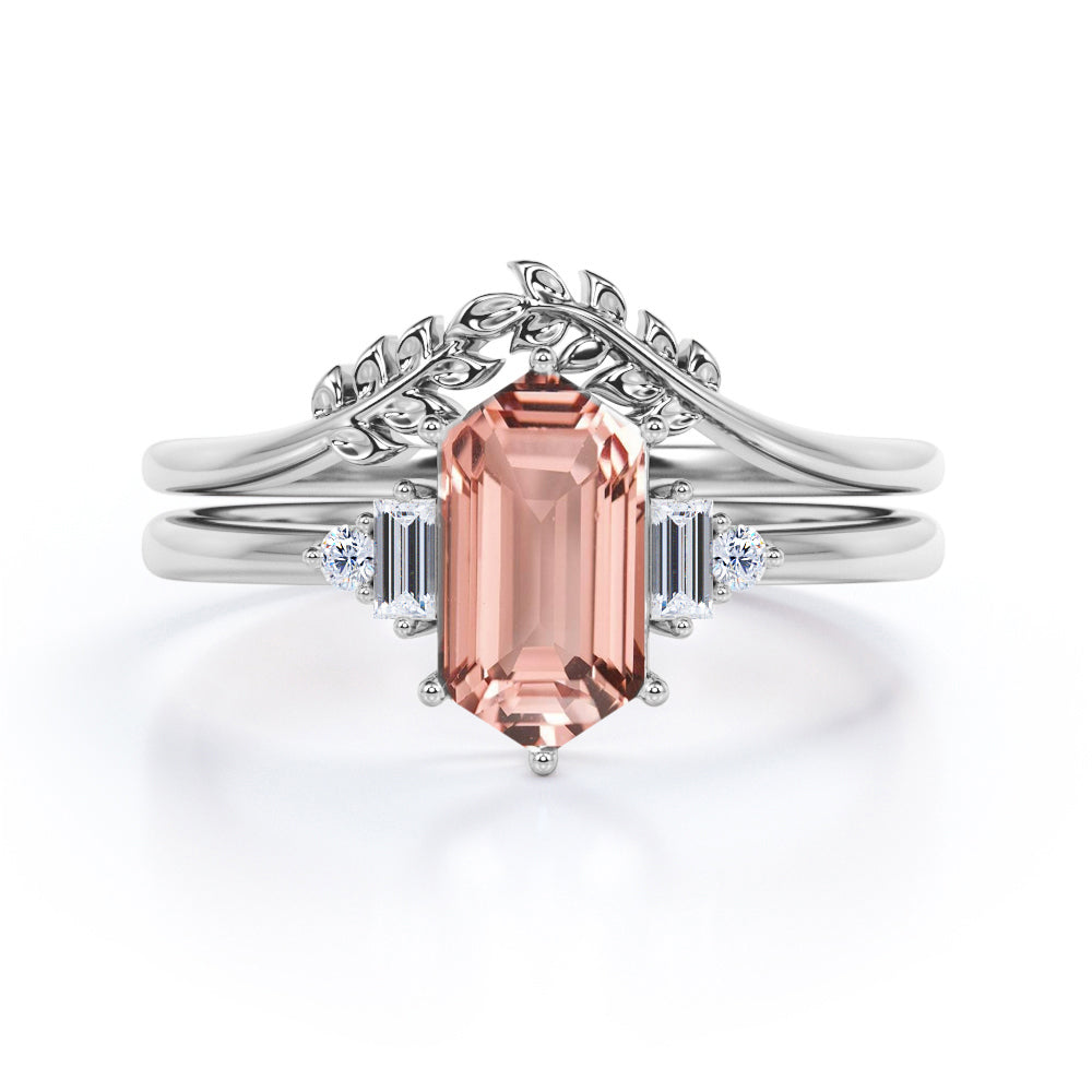 Natured Inspired 0.55 carat Hexagon Morganite and Morganite Bridal Ring Set in Rose Gold - Special Gift