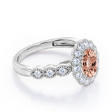 Vintage Floral Halo 0.7 carat Oval and Round Morganite and diamond Engagement Ring in Rose Gold