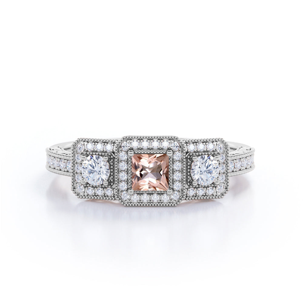 Three Steps Halo Design 1.5 carat Princess Morganite and Moissanite Antique Promise Ring  In Rose Gold