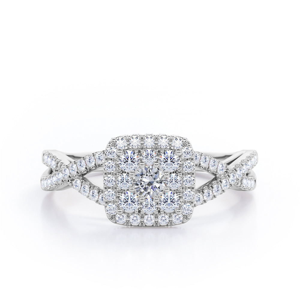 Pave Crossover - 1.25 Carat Round Cut Moissanite and diamond - Flush Cluster Halo Engagement Ring in Rose Gold