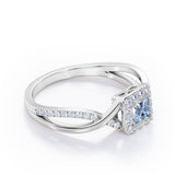 1.25 Carat Princess Cut Aquamarine - Half Crossover Pave - Halo Engagement Ring in White Gold