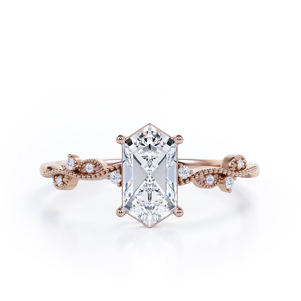 Vintage Wavy Milgrain 0.5 carat Hexagon Moissanite and Diamonds Engagement Ring in Black Gold