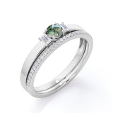 Trio Stone 1 carat Round Moss Agate and Moissanite Bridal Set in Rose Gold