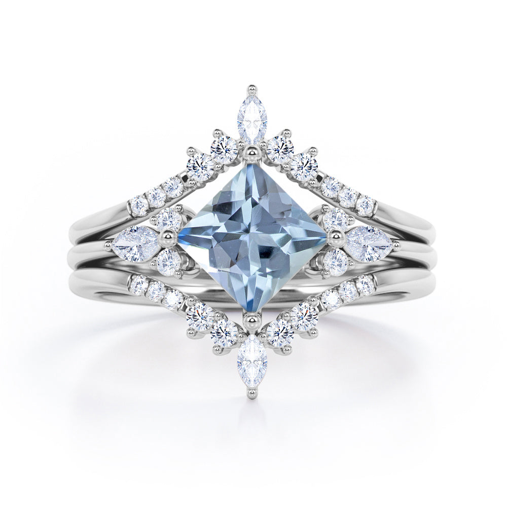 Double Crown 1.25 carat Princess Aquamarine and Diamond Trio Ring Set in Rose Gold