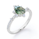 Pave 0.7 Carat Pear Moss Agate Engagement Ring