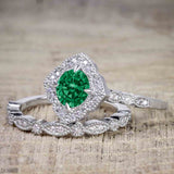 2.25 Carat Round Emerald and Moissanite Vintage Wedding Trio Ring Set in 18k White Gold over Silver