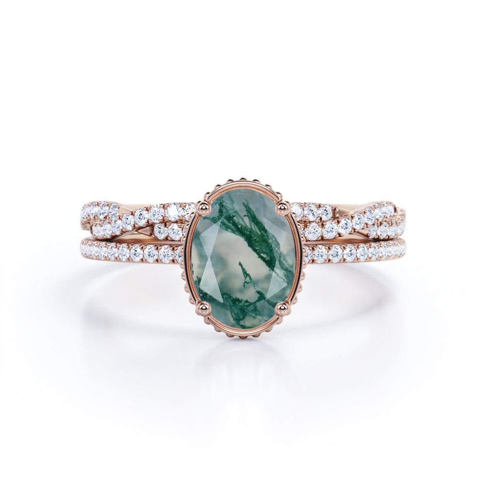 Classic Solitaire 1.25 carat Oval Moss Green Agate and Moissanite Engagement Ring with White Gold Band - Wedding Set For Her