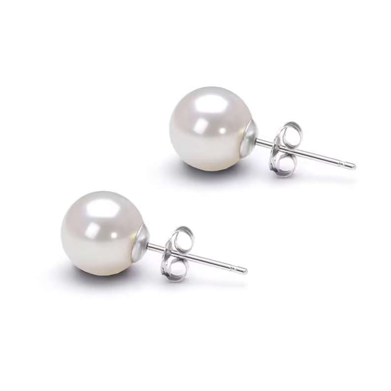 Japanese Akoya Pearl Earring studs solitaire for Women in 18k White Gold over Silver