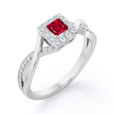1.25 ct Princess Lab-Created Ruby Pave Halo Engagement Ring