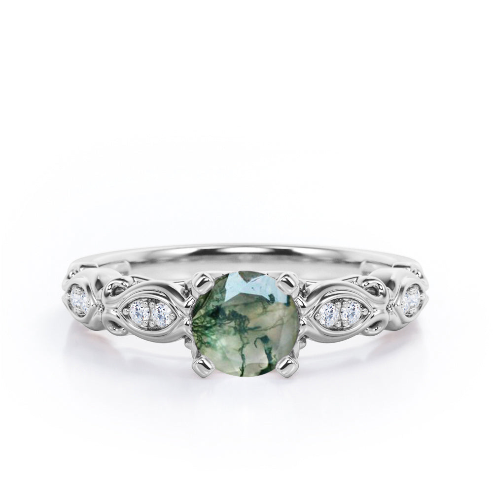Decorative Basket Prong 0.5 carat Round Moss Green Agate and Diamond Nature-Inspired Ring in Rose Gold