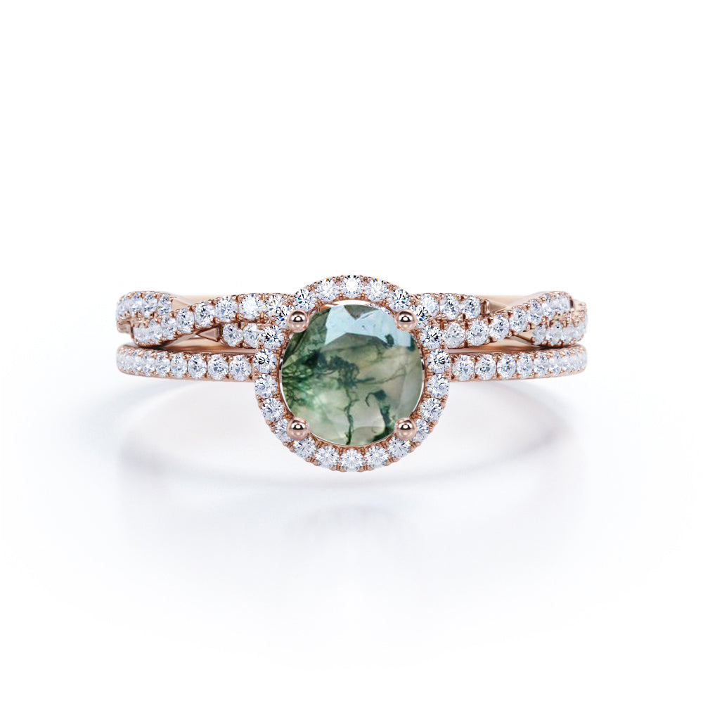 Classic Halo 1.5 carat Round Moss Agate and Moissanite Bridal Ring Set in White Gold