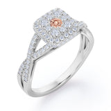 Pave Crossover - 1.25 Carat Round Cut Morganite and diamond - Flush Cluster Halo Engagement Ring in White Gold