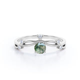 Twisted Up-Side Down 0.55 carat Round Moss Agate and Moissanite Engagement Ring in White Gold
