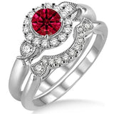 Beautiful 1.5 Carat Round Cut Real Ruby and Moissanite Bridal Wedding Ring Set with Engagement Ring and Wedding Band in 18k Gold Over Silver