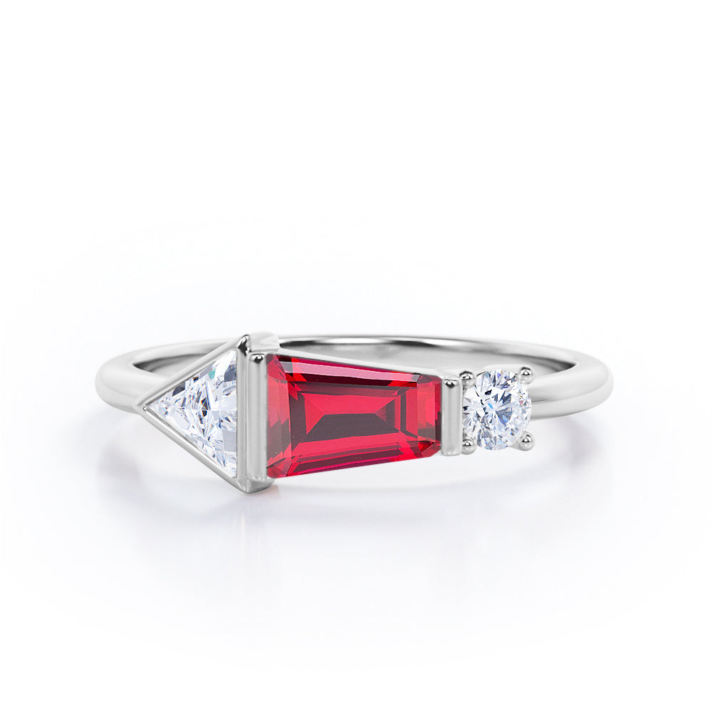 Lovely House Three Stone 1 carat Baguette Lab Ruby and moissanite Engagement Ring in Rose Gold