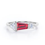 Lovely House Three Stone 1 carat Baguette Lab Ruby and moissanite Engagement Ring in Rose Gold