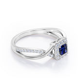 1.25 Carat Princess Cut Blue Lab-Created Sapphire and diamond - Half Crossover Pave - Halo Engagement Ring in White Gold