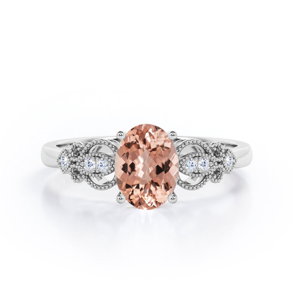 Swirly 1.1 carat Oval Morganite and Diamonds Antique Engagement Ring in Rose Gold