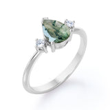 Special Gift - Trilogy 0.6 carat Pear Green Moss Agate and Moissanite Engagement Ring in White Gold