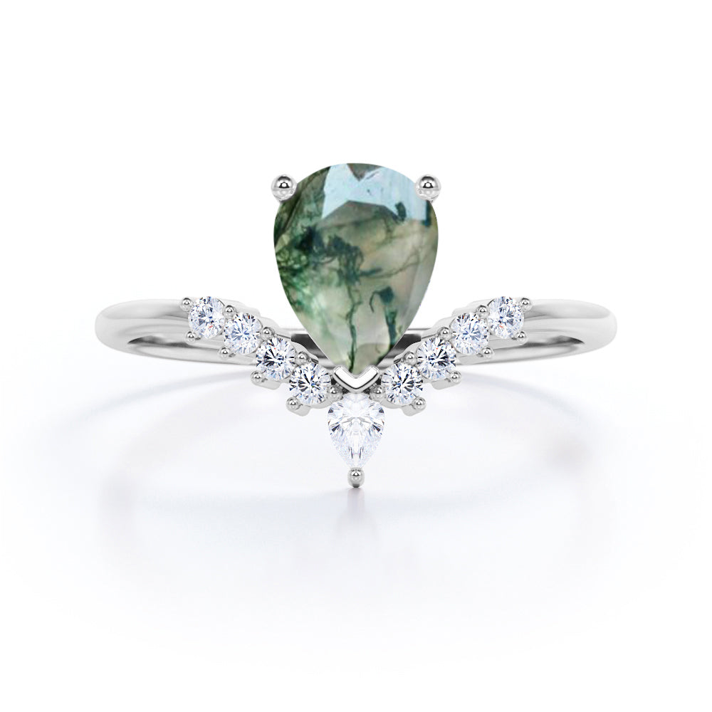 0.6 Carat Pear Green Moss Agate Promise Ring