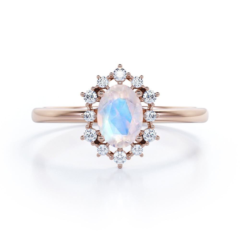 Netting Halo 0.6 carat Oval Moonstone and Moissanite Promise Ring in Black Gold