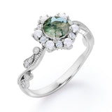 Floral Halo 0.7 carat Round Moss Green Agate and Diamond Engagement Ring in White Gold