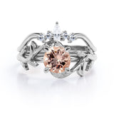 Nature Leaf 0.55 carat Round Morganite and Moissanite Crown Bridal Ring Set in Rose Gold