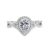 Infinity Style 1.50 Carat Teardrop Shape Moissanite and Diamond Halo Engagement Ring in White Gold