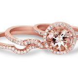 2 Carat Round Cut Morganite and Moissanite Halo Trio Wedding Ring Set in Rose Gold