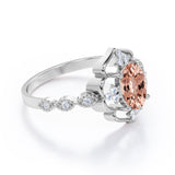 Colossal Flower 0.65 carat Oval Morganite and Moissanite Decorative Halo Engagement Ring in White Gold