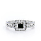 Split-Shanked Pave 1.55 Carat Princess Cut Black Diamond Milgrain-Bordered Halo Engagement Ring in White Gold