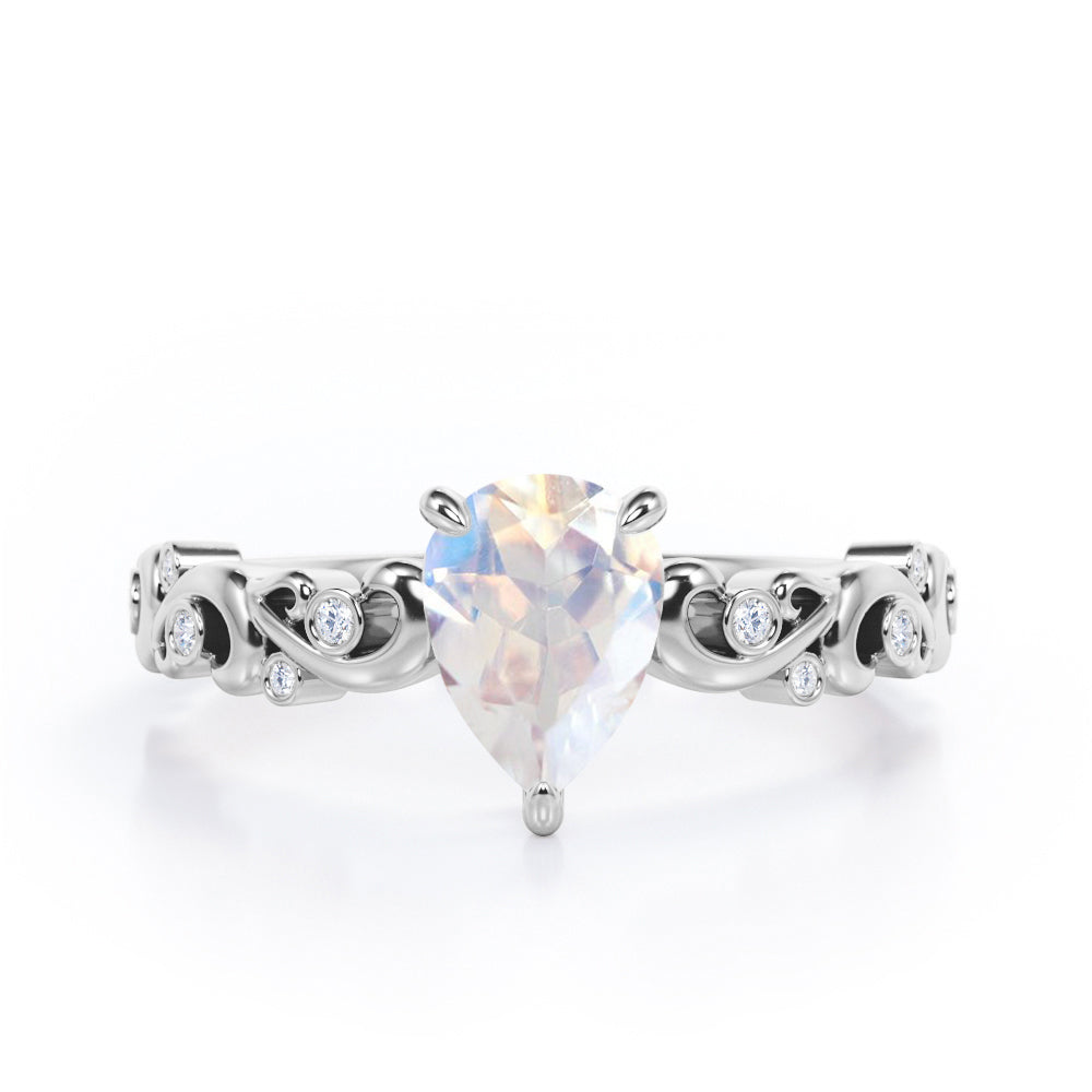 Vintage Style Scroll 0.5 carat Pear Moonstone and Diamond Engagement Ring in Rose Gold