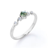 Gorgeous Scroll 0.5 carat Round Moss agate and Moissanite Engagement Ring in White Gold