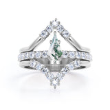 Double-Chevron 1.75 carat Kite Moss Agate and Moissanite Trio Wedding Ring Set in Black Gold