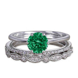 Artdeco 1.50 Carat Round cut Emerald and Moissanite Trio Wedding Ring Set 18k White Gold over Silver