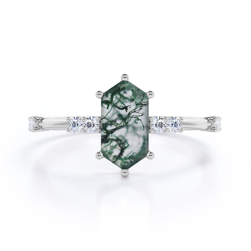 Seven Stones 0.8 carat Hexagon Moss Agate and Moissanite Engagement Ring in Black Gold