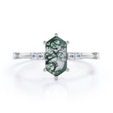 Seven Stones 0.8 carat Hexagon Moss Agate and Moissanite Engagement Ring in Black Gold